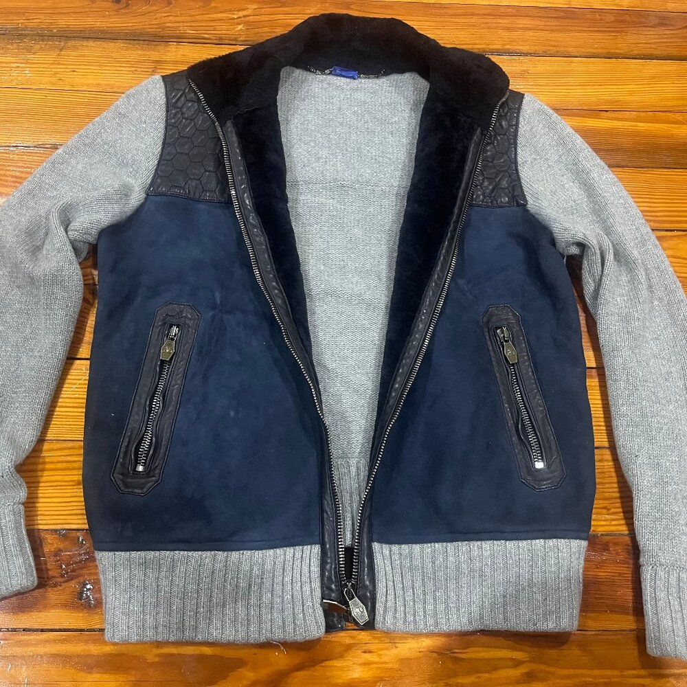 Angelo Galasso Blue Lamb Suede Merino Knit Jacket Made In Italy Men's Size 48